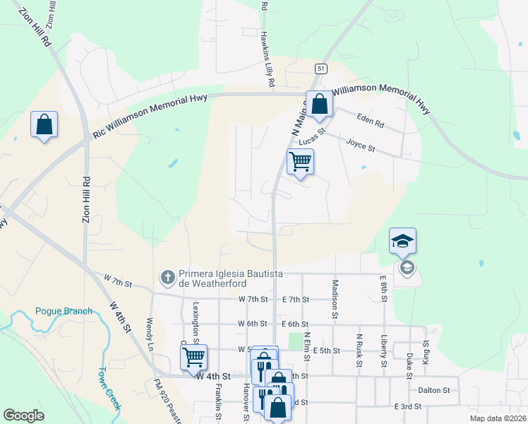 map of restaurants, bars, coffee shops, grocery stores, and more near 1802 Sandpiper Drive in Weatherford