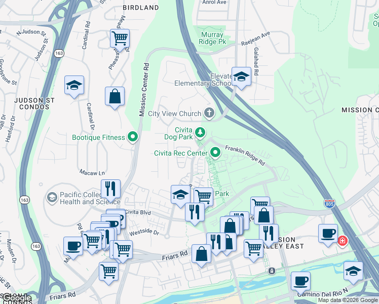 map of restaurants, bars, coffee shops, grocery stores, and more near 2464 Aperture Circle in San Diego