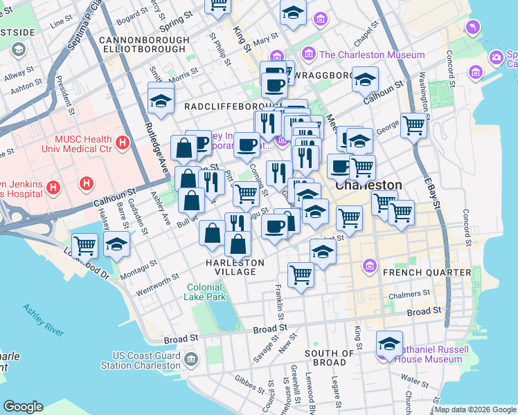 map of restaurants, bars, coffee shops, grocery stores, and more near 10 Montagu Street in Charleston