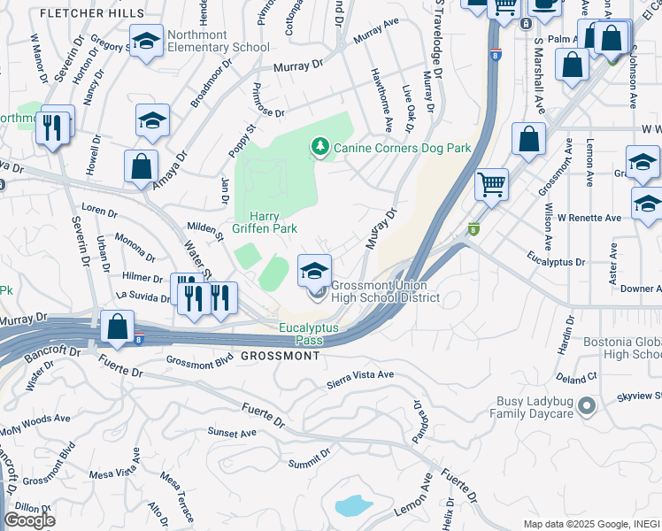 map of restaurants, bars, coffee shops, grocery stores, and more near 1037 Dennstedt Place in El Cajon