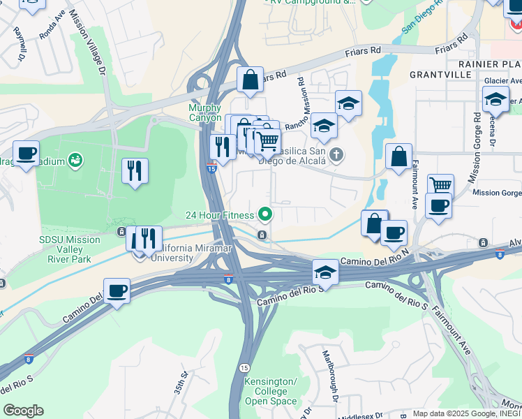 map of restaurants, bars, coffee shops, grocery stores, and more near 5918 Rancho Mission Road in San Diego