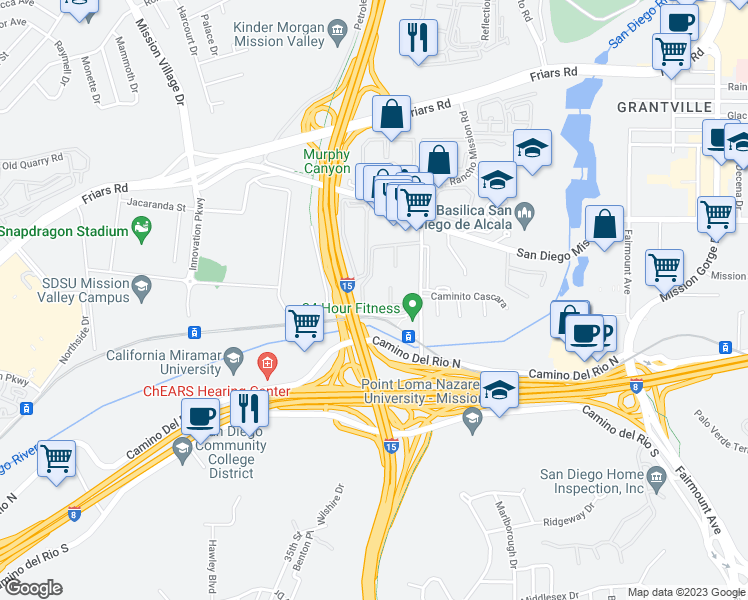 map of restaurants, bars, coffee shops, grocery stores, and more near 5954 Rancho Mission Road in San Diego