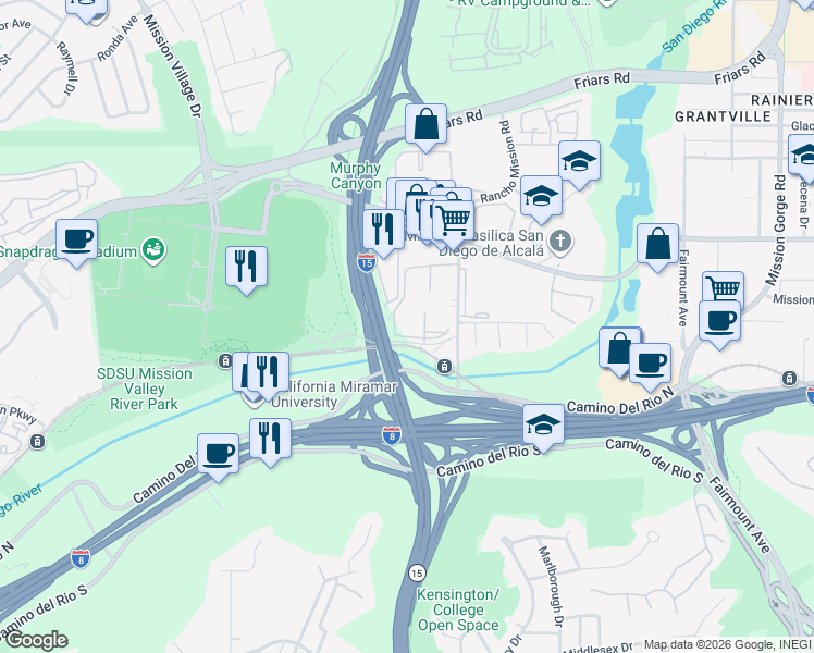 map of restaurants, bars, coffee shops, grocery stores, and more near 5942 Rancho Mission Road in San Diego