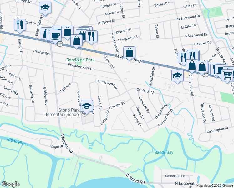 map of restaurants, bars, coffee shops, grocery stores, and more near 409 Rotherwood Drive in Charleston