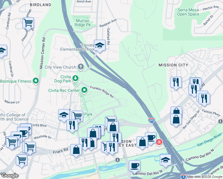 map of restaurants, bars, coffee shops, grocery stores, and more near 3040 Marquee Way in San Diego