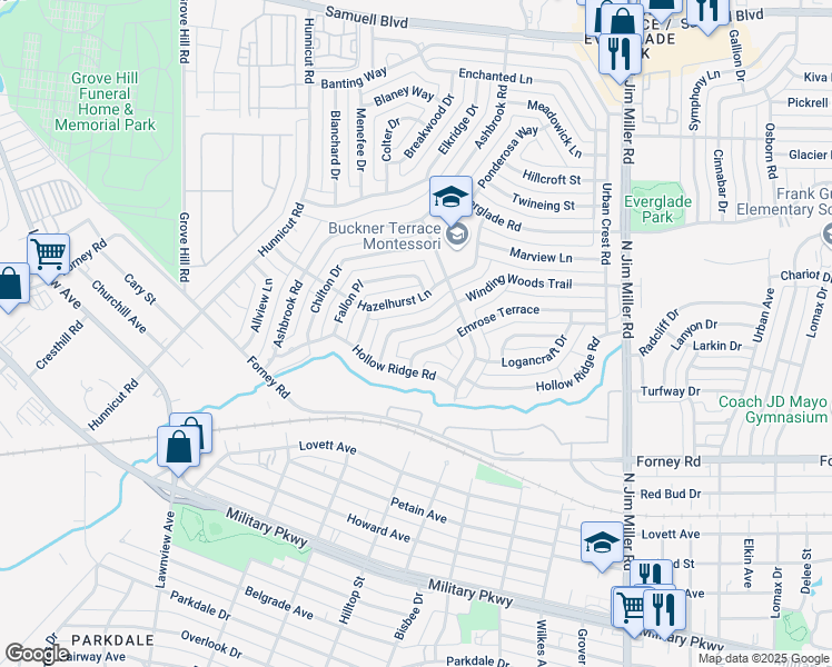 map of restaurants, bars, coffee shops, grocery stores, and more near 5630 Winding Woods Trail in Dallas