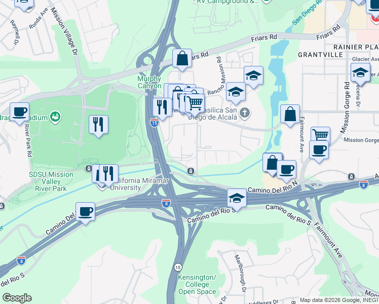 map of restaurants, bars, coffee shops, grocery stores, and more near 5906 Rancho Mission Road in San Diego