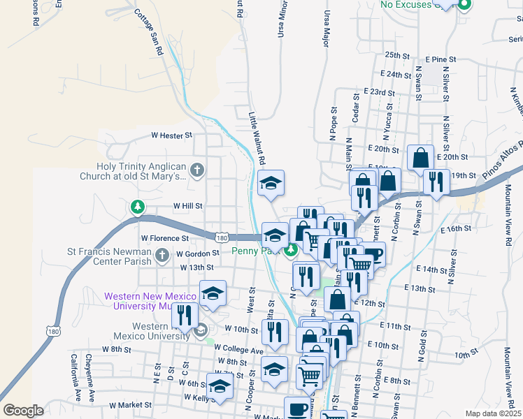 map of restaurants, bars, coffee shops, grocery stores, and more near 1625 Little Walnut Road in Silver City