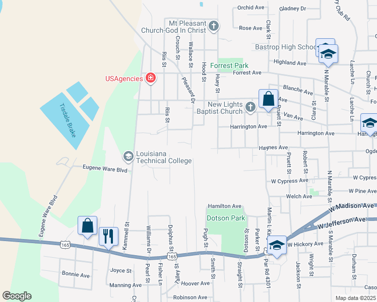 map of restaurants, bars, coffee shops, grocery stores, and more near 1701 Haynes Avenue in Bastrop