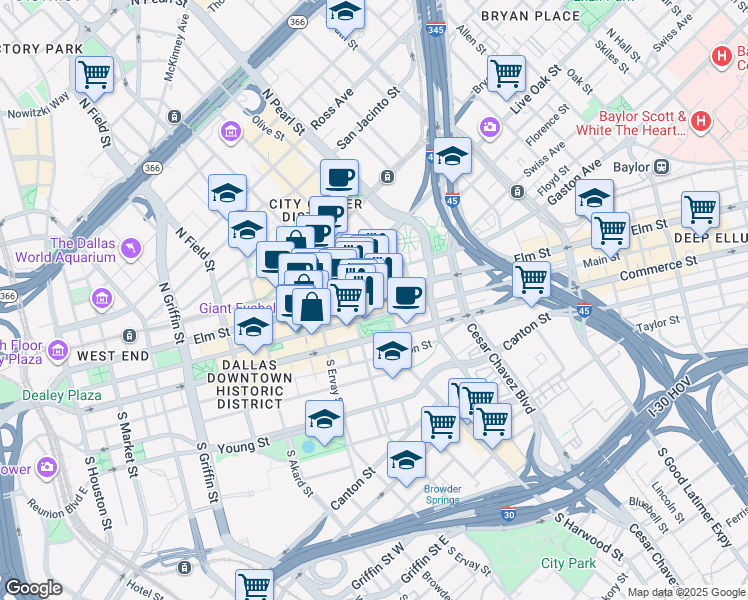 map of restaurants, bars, coffee shops, grocery stores, and more near 1916 Elm Street in Dallas