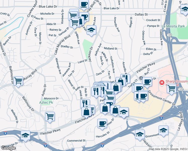 map of restaurants, bars, coffee shops, grocery stores, and more near Jackson Drive & Zeta Street in La Mesa