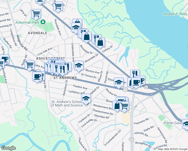 map of restaurants, bars, coffee shops, grocery stores, and more near 13 Morton Avenue in Charleston