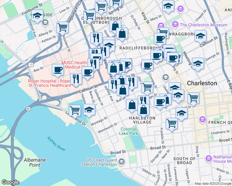 map of restaurants, bars, coffee shops, grocery stores, and more near 1 Bennett Street in Charleston