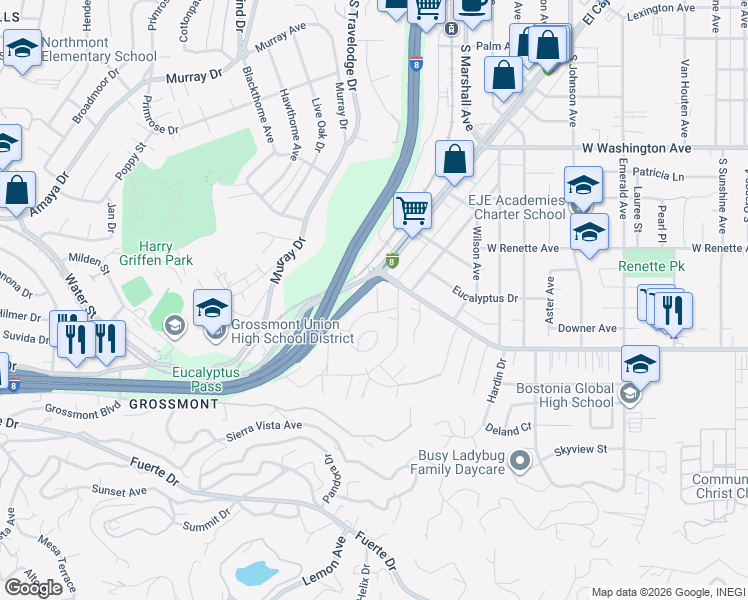 map of restaurants, bars, coffee shops, grocery stores, and more near 1290 Helix View Drive in El Cajon