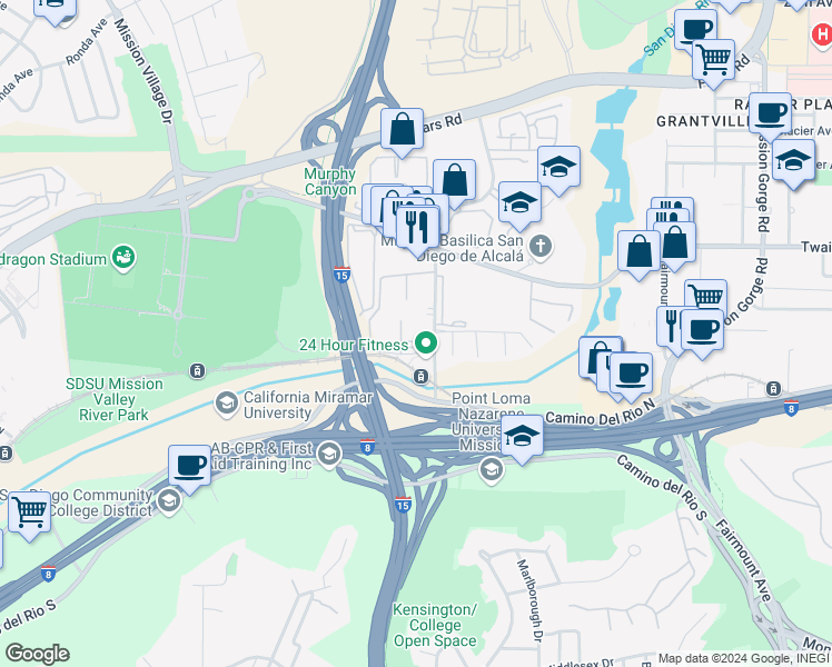 map of restaurants, bars, coffee shops, grocery stores, and more near 5910 Rancho Mission Road in San Diego