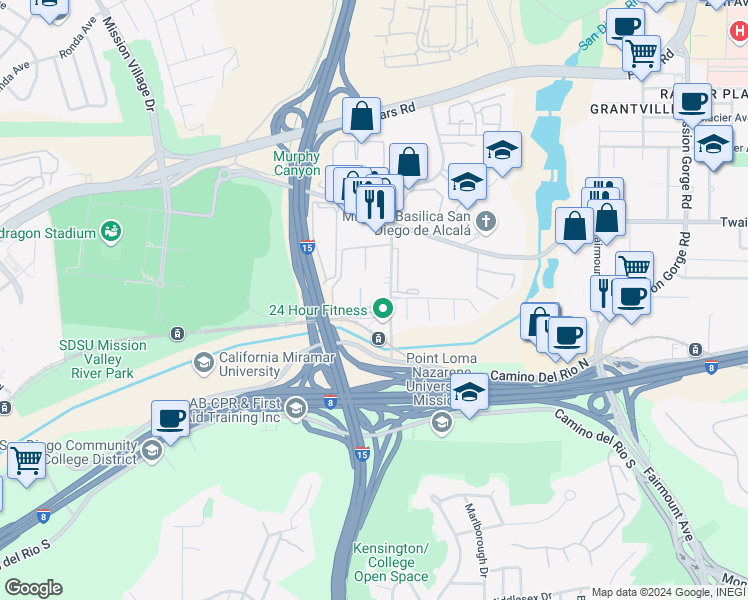 map of restaurants, bars, coffee shops, grocery stores, and more near 5922 Rancho Mission Road in San Diego