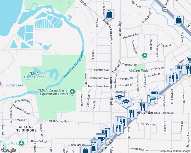 map of restaurants, bars, coffee shops, grocery stores, and more near 1401 Yale Street in River Oaks