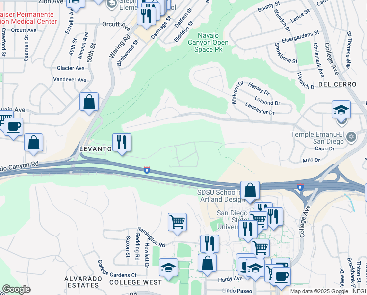 map of restaurants, bars, coffee shops, grocery stores, and more near 5605 Adobe Falls Road in San Diego
