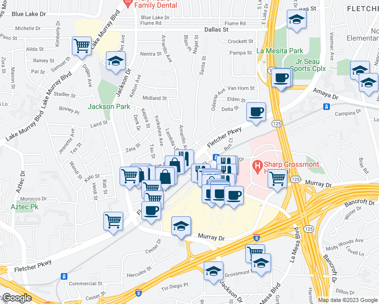 map of restaurants, bars, coffee shops, grocery stores, and more near 5705 Amarillo Avenue in La Mesa