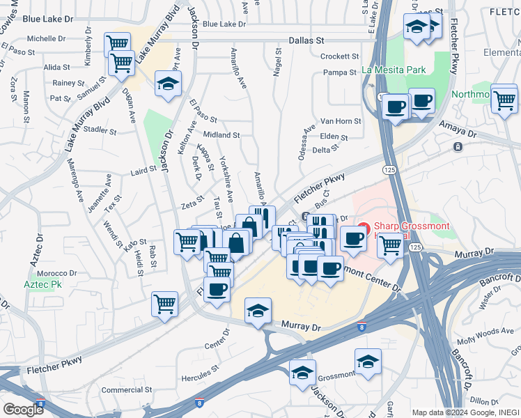 map of restaurants, bars, coffee shops, grocery stores, and more near 5705 Amarillo Avenue in La Mesa