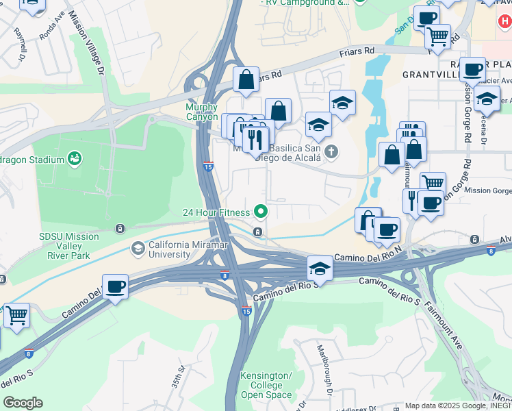 map of restaurants, bars, coffee shops, grocery stores, and more near 5906 Rancho Mission Road in San Diego