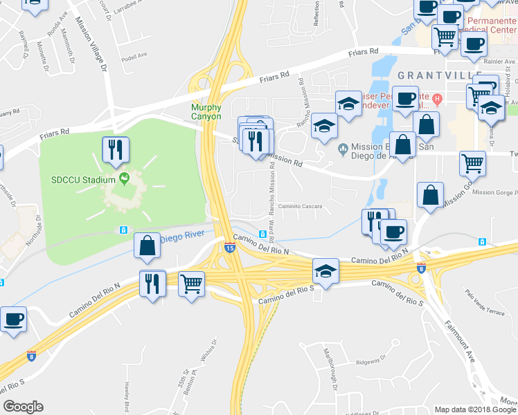 map of restaurants, bars, coffee shops, grocery stores, and more near 5922 Rancho Mission Road in San Diego
