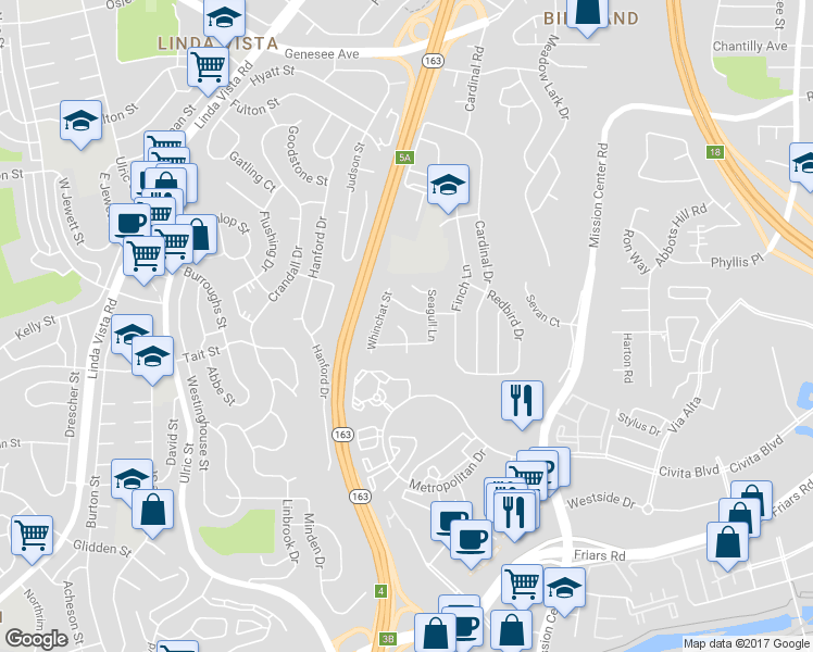 map of restaurants, bars, coffee shops, grocery stores, and more near 2045 Goshawk Street in San Diego
