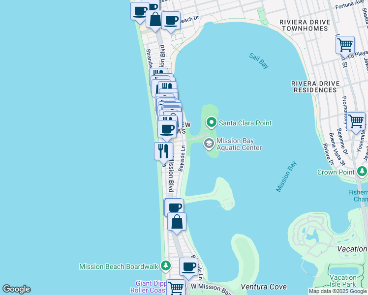 map of restaurants, bars, coffee shops, grocery stores, and more near 815 Santa Clara Place in San Diego