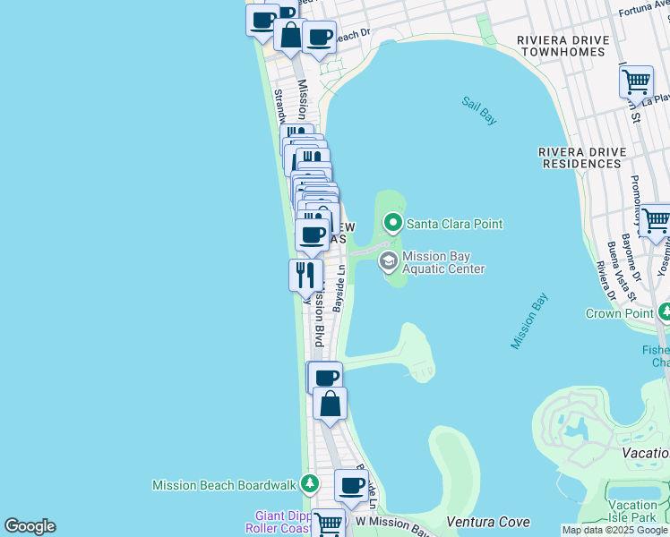map of restaurants, bars, coffee shops, grocery stores, and more near 815 Santa Clara Place in San Diego