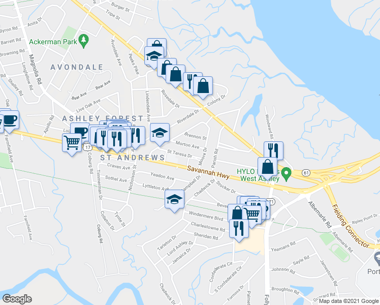 map of restaurants, bars, coffee shops, grocery stores, and more near 13 Morton Avenue in Charleston