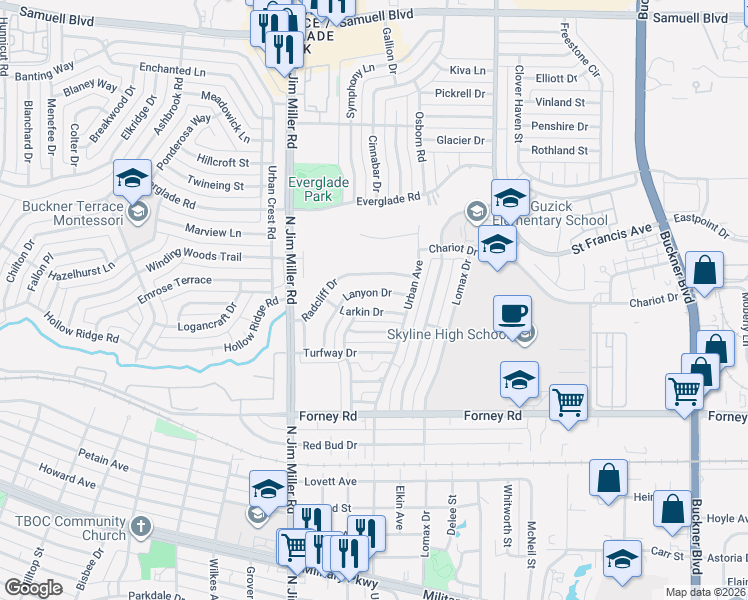 map of restaurants, bars, coffee shops, grocery stores, and more near 7157 Lanyon Drive in Dallas