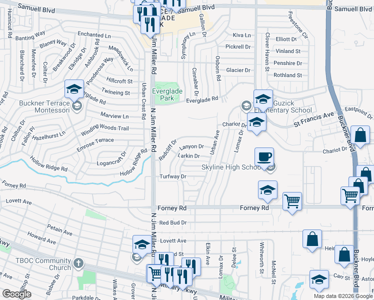 map of restaurants, bars, coffee shops, grocery stores, and more near 7121 Lanyon Drive in Dallas