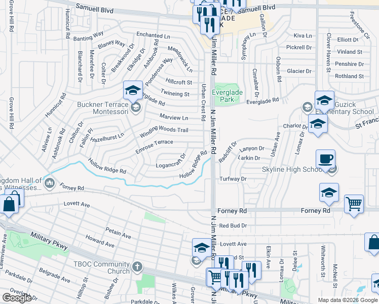 map of restaurants, bars, coffee shops, grocery stores, and more near 5824 Emrose Terrace in Dallas