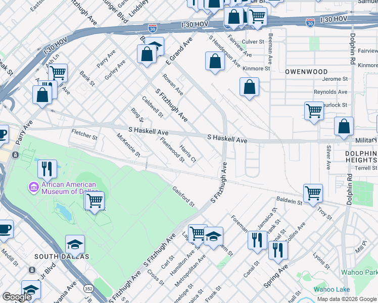 map of restaurants, bars, coffee shops, grocery stores, and more near 1542 Harris Court in Dallas