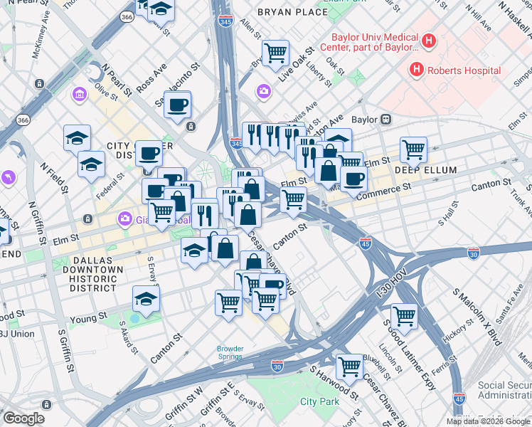 map of restaurants, bars, coffee shops, grocery stores, and more near 2208b Main Street in Dallas