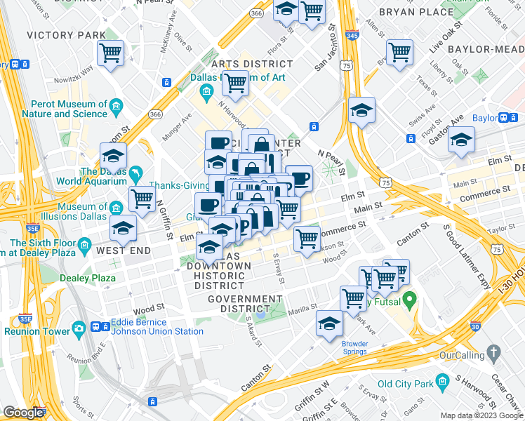 map of restaurants, bars, coffee shops, grocery stores, and more near 223 North Ervay Street in Dallas