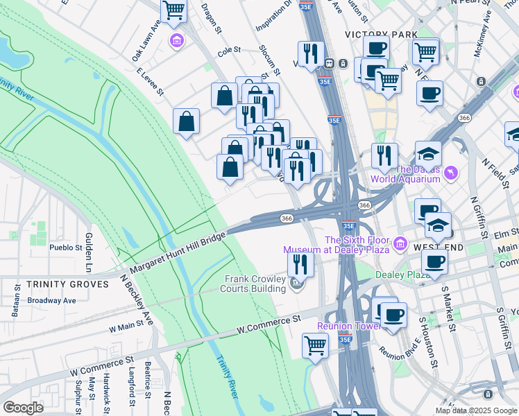 map of restaurants, bars, coffee shops, grocery stores, and more near 160 Continental Ave in Dallas