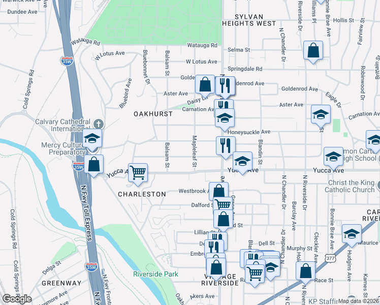map of restaurants, bars, coffee shops, grocery stores, and more near 2340 Marigold Avenue in Fort Worth