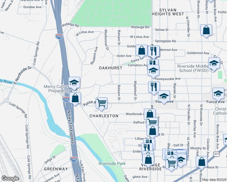 map of restaurants, bars, coffee shops, grocery stores, and more near 2212 Marigold Avenue in Fort Worth
