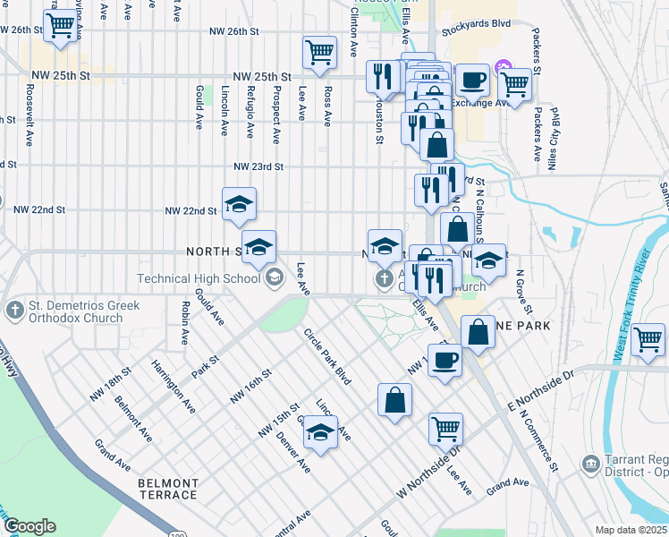 map of restaurants, bars, coffee shops, grocery stores, and more near 2019 Ross Avenue in Fort Worth