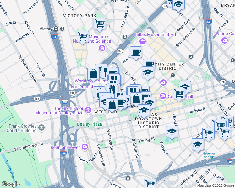 map of restaurants, bars, coffee shops, grocery stores, and more near 549 Ross Avenue in Dallas