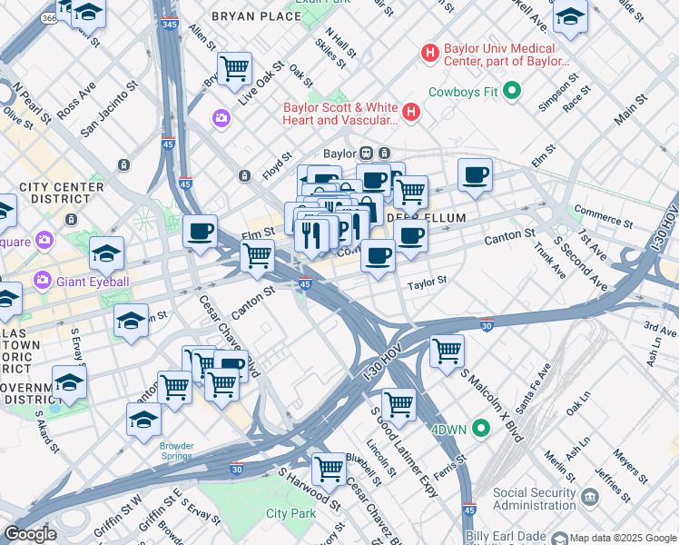 map of restaurants, bars, coffee shops, grocery stores, and more near 209 Henry Street in Dallas