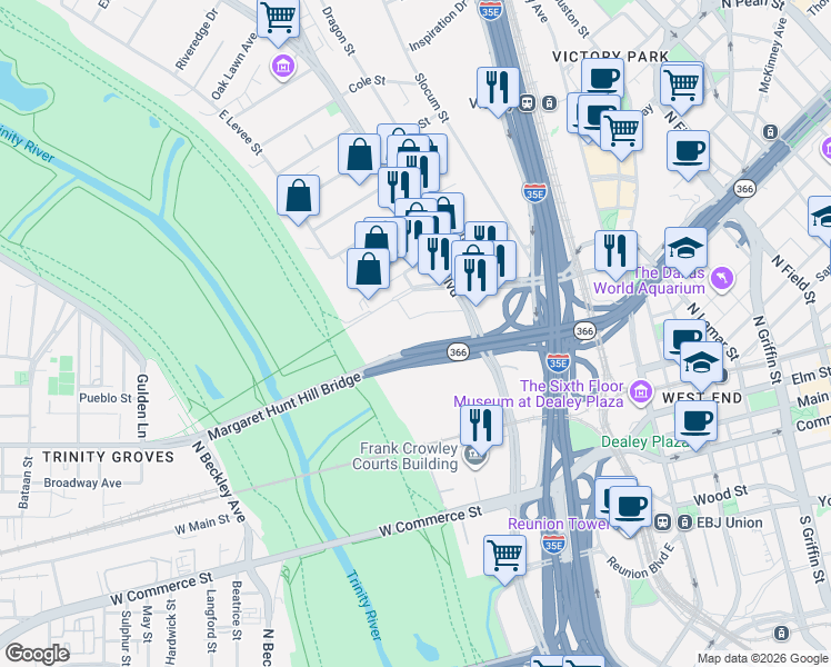 map of restaurants, bars, coffee shops, grocery stores, and more near 196 Margaret Avenue in Dallas