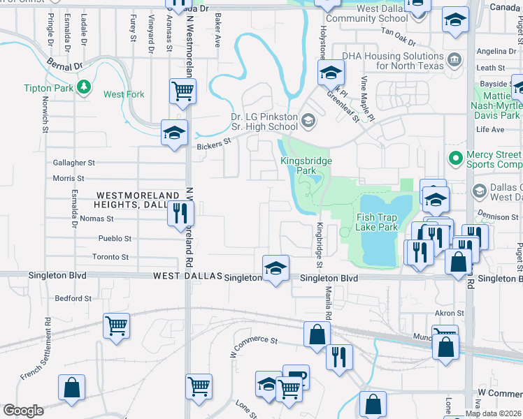 map of restaurants, bars, coffee shops, grocery stores, and more near 3106 Melissa River Way in Dallas
