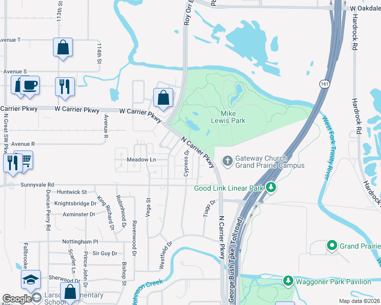 map of restaurants, bars, coffee shops, grocery stores, and more near 2438 Cypress Drive in Grand Prairie
