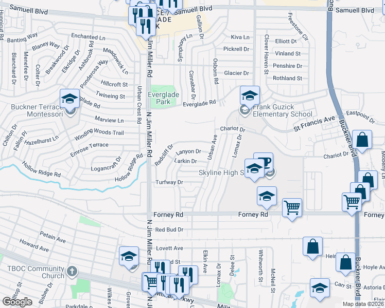 map of restaurants, bars, coffee shops, grocery stores, and more near 7157 Lanyon Drive in Dallas