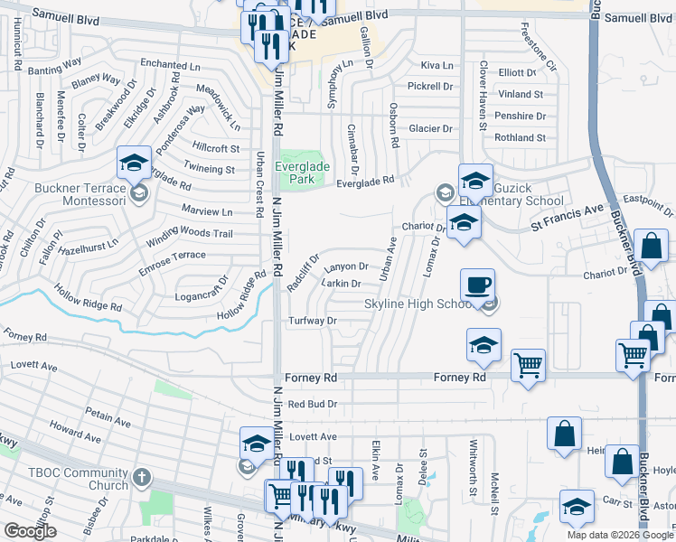 map of restaurants, bars, coffee shops, grocery stores, and more near 7121 Lanyon Drive in Dallas