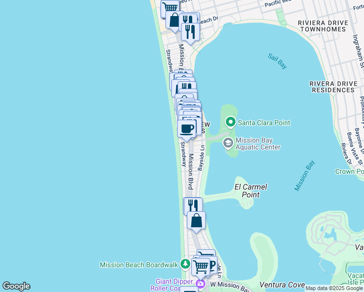 map of restaurants, bars, coffee shops, grocery stores, and more near 3689 Ocean Front Walk in San Diego