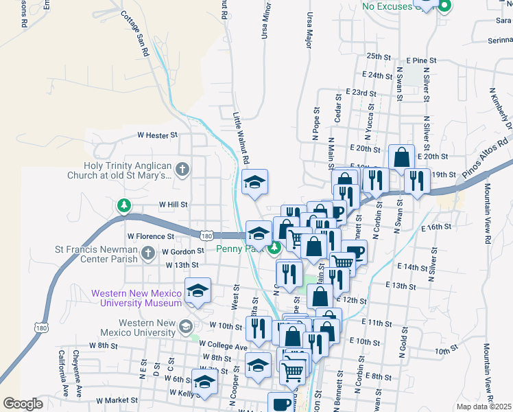 map of restaurants, bars, coffee shops, grocery stores, and more near 1625 Little Walnut Road in Silver City