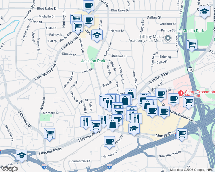 map of restaurants, bars, coffee shops, grocery stores, and more near 8355 Zeta Street in La Mesa